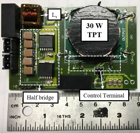 image of a small printed circuit board with the tunable inductor. Board is less than 3.5 inches long
