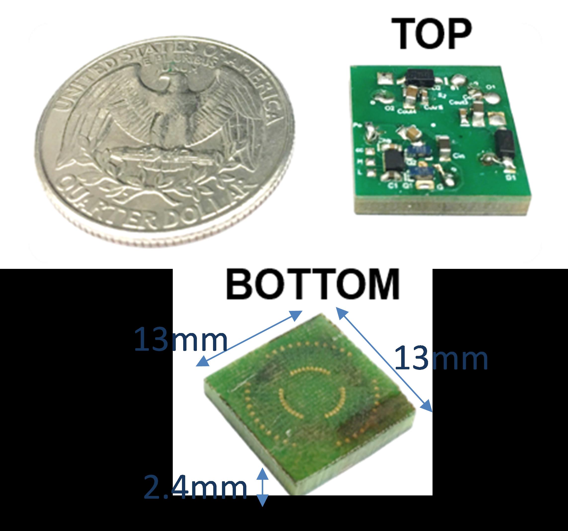 Fully designed PCB shown in relation to a quarter (smaller than)